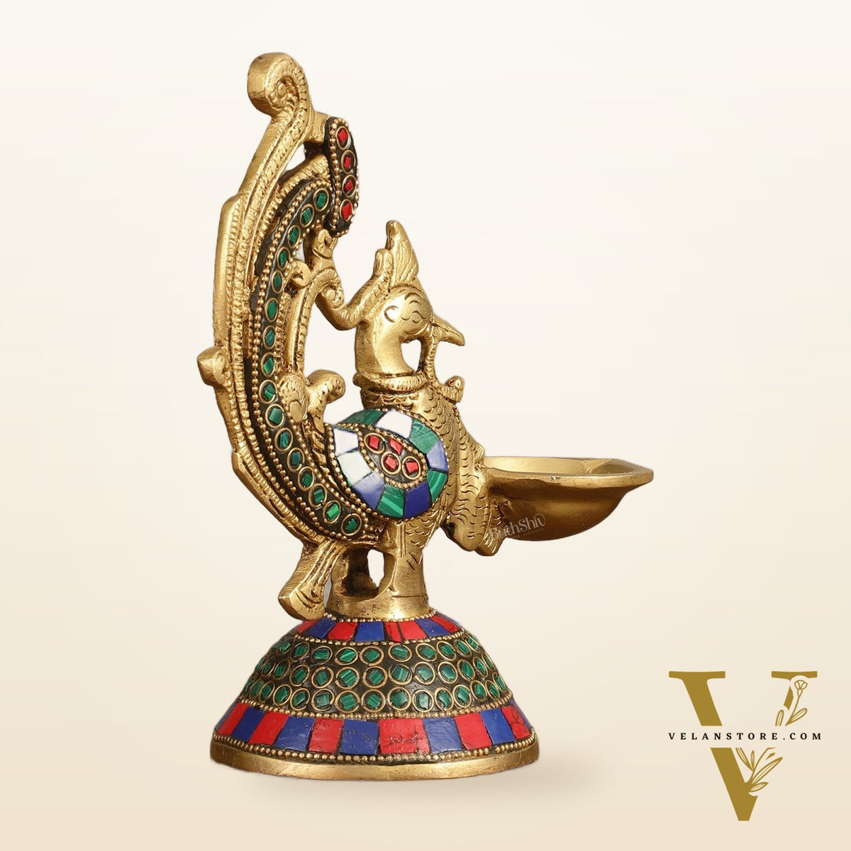 Peacock Brass Oil Lamp | 8 inches  Meenakari 8"