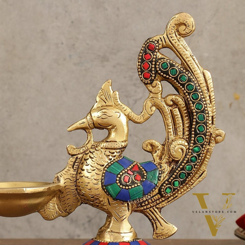Peacock Brass Oil Lamp | 8 inches  Meenakari 8"