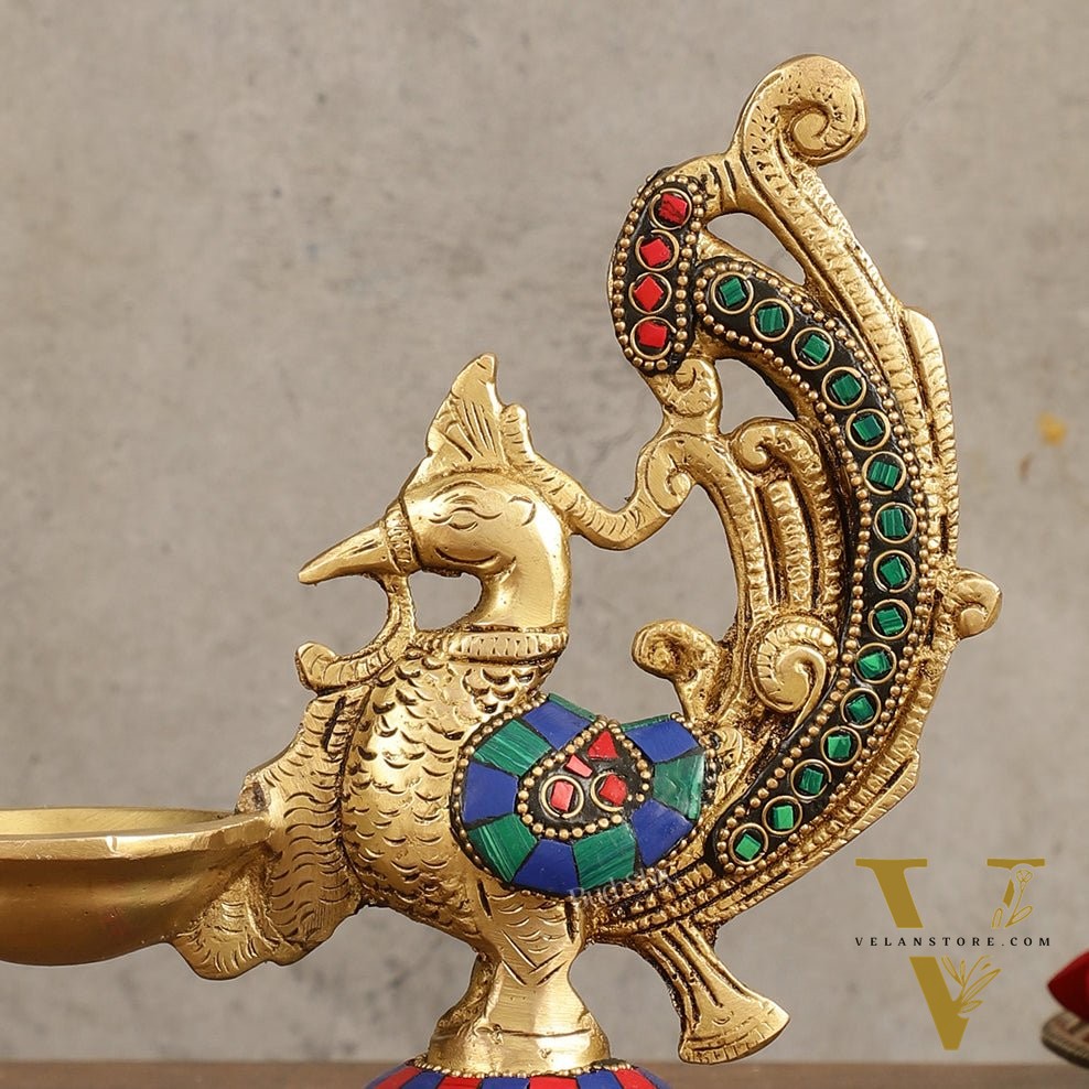 Peacock Brass Oil Lamp | 8 inches  Meenakari 8"