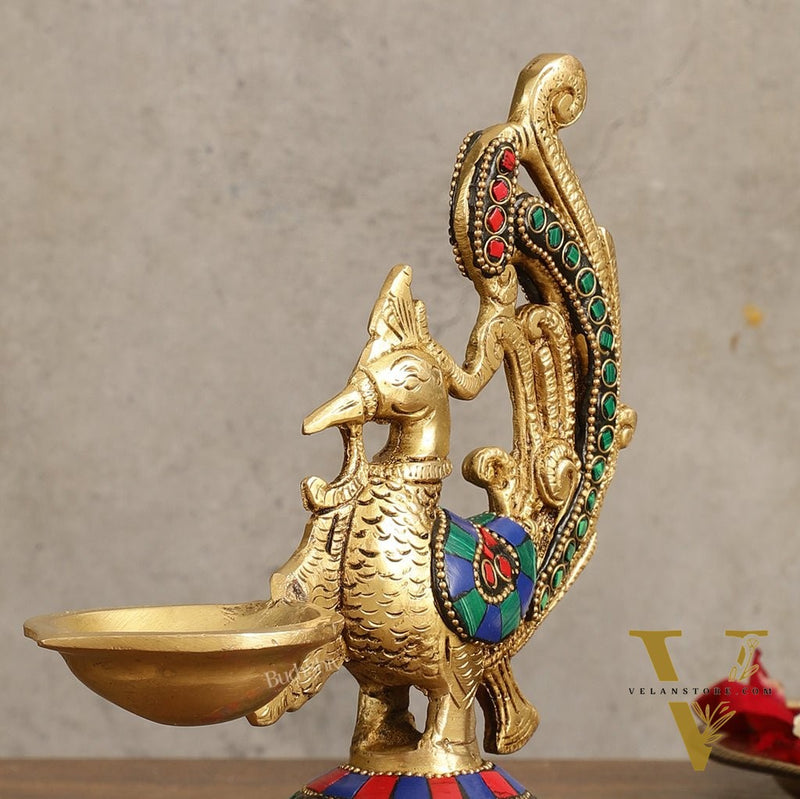 Peacock Brass Oil Lamp | 8 inches  Meenakari 8"
