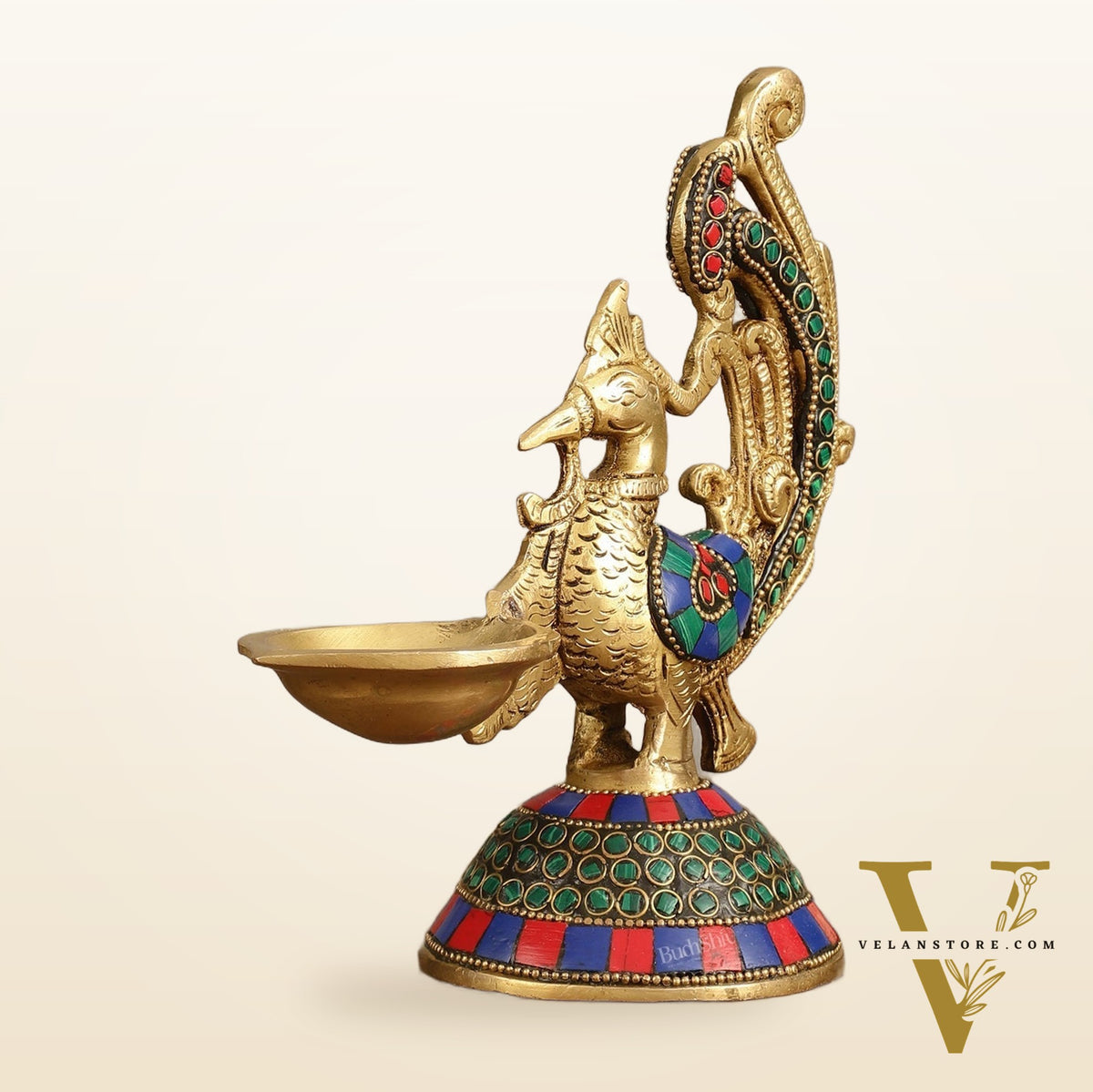 Peacock Brass Oil Lamp | 8 inches  Meenakari 8"