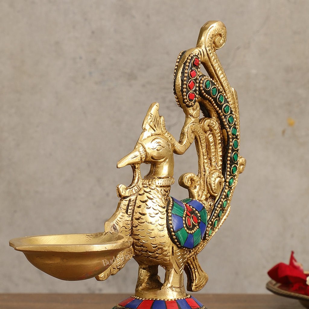 Peacock Brass Oil Lamp | 8 inches  Meenakari 8"