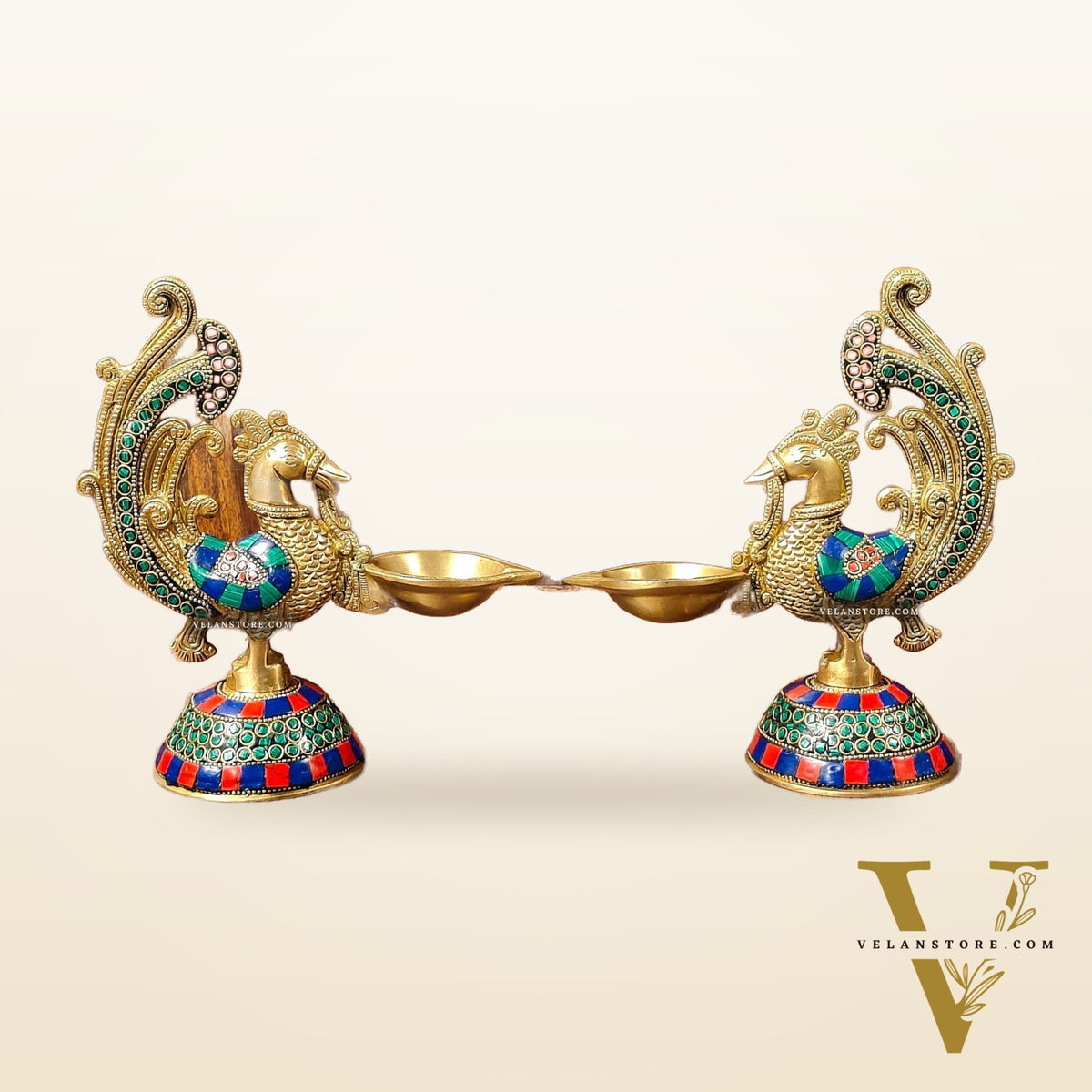 Peacock Brass Oil Lamps | 8 inches  Meenakari Stonework 8"