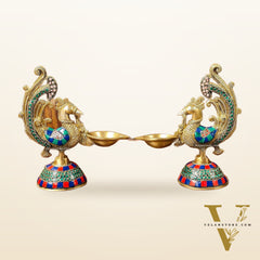 Peacock Brass Oil Lamps | 8 inches  Meenakari Stonework 8"