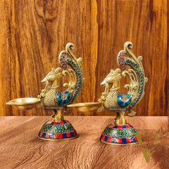 Peacock Brass Oil Lamps | 8 inches  Meenakari Stonework 8"