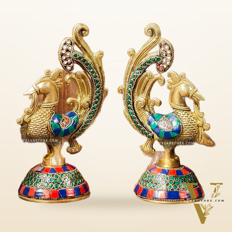 Peacock Brass Oil Lamps | 8 inches  Meenakari Stonework 8"