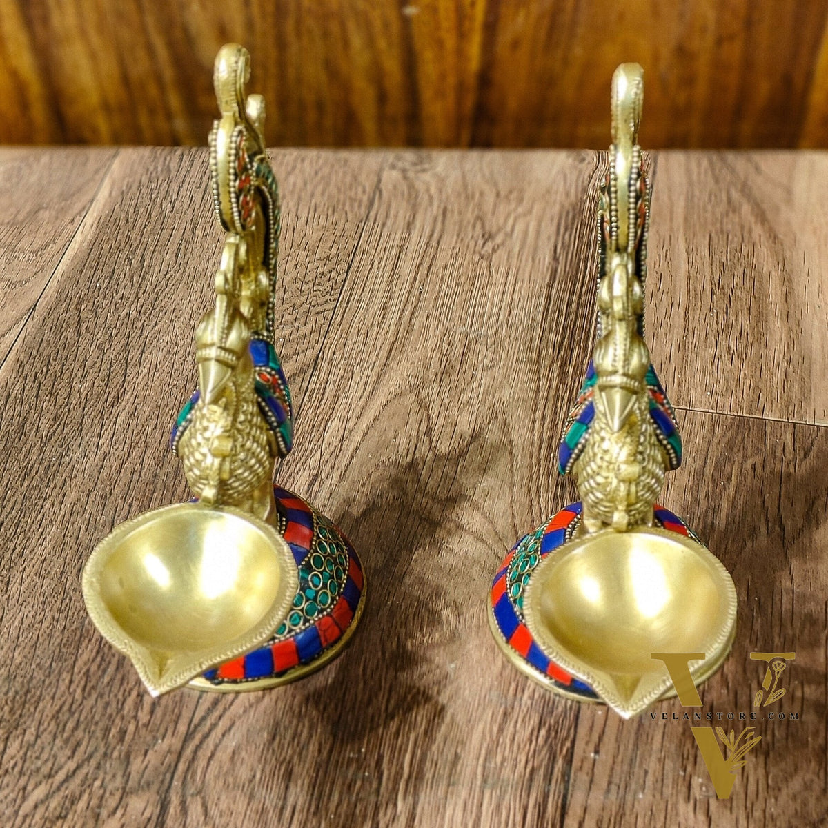 Peacock Brass Oil Lamps | 8 inches  Meenakari Stonework 8"