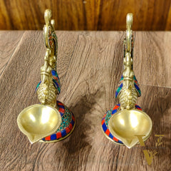 Peacock Brass Oil Lamps | 8 inches  Meenakari Stonework 8"