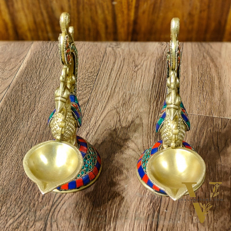 Peacock Brass Oil Lamps | 8 inches  Meenakari Stonework 8"