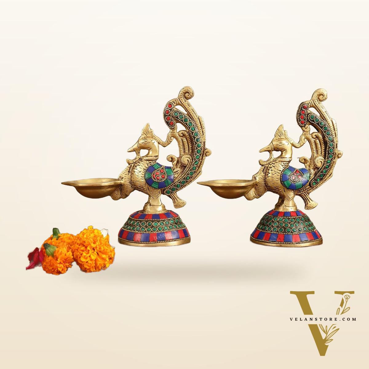 Peacock Brass Oil Lamps | 8 inches  Meenakari Stonework 8"