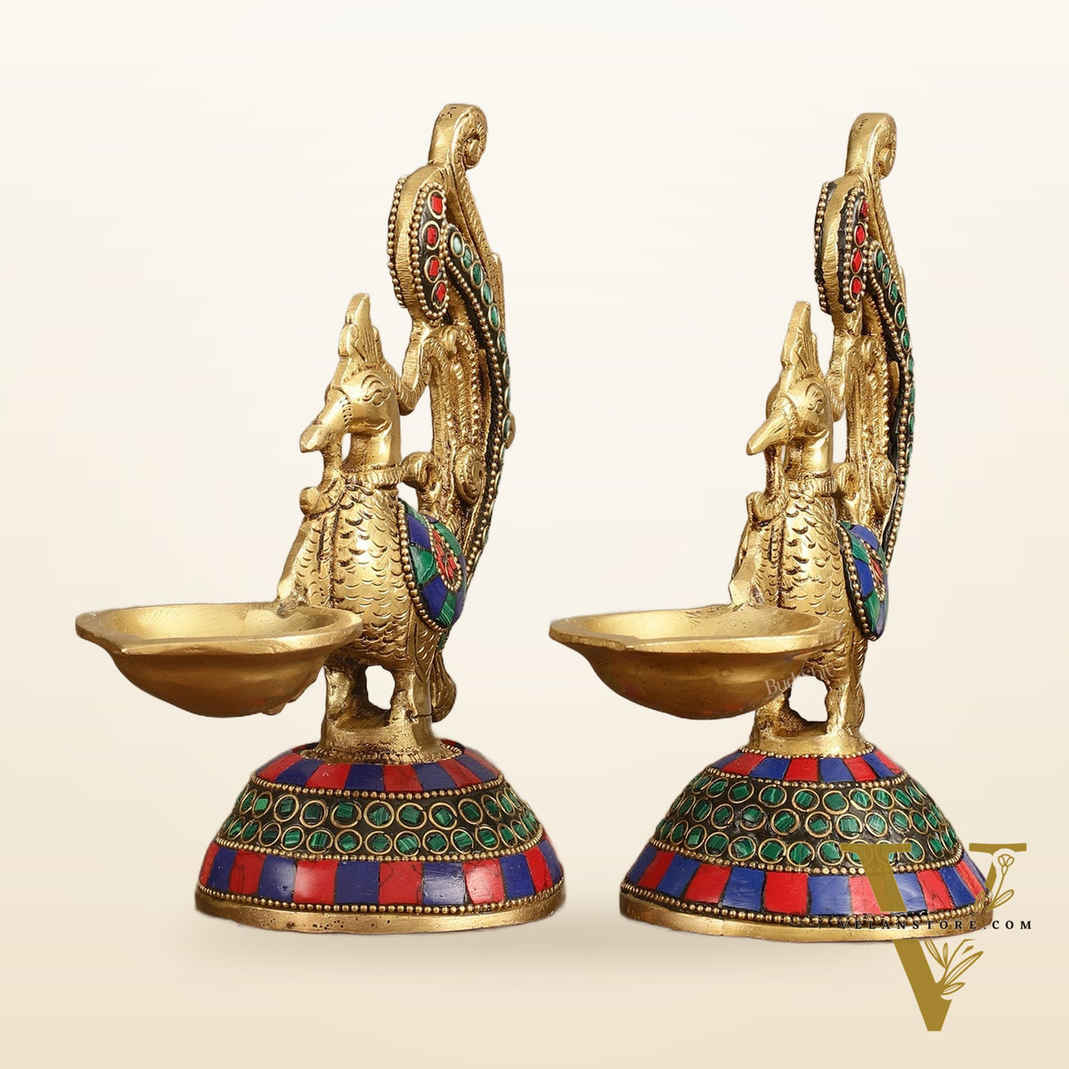 Peacock Brass Oil Lamps | 8 inches  Meenakari Stonework 8"