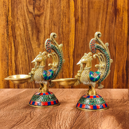 Peacock Brass Oil Lamps | 8 inches  Meenakari Stonework 8"