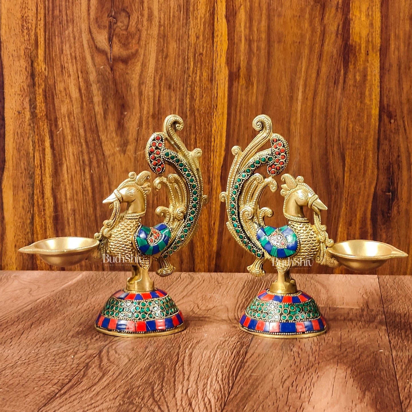 Peacock Brass Oil Lamps | 8 inches  Meenakari Stonework 8"