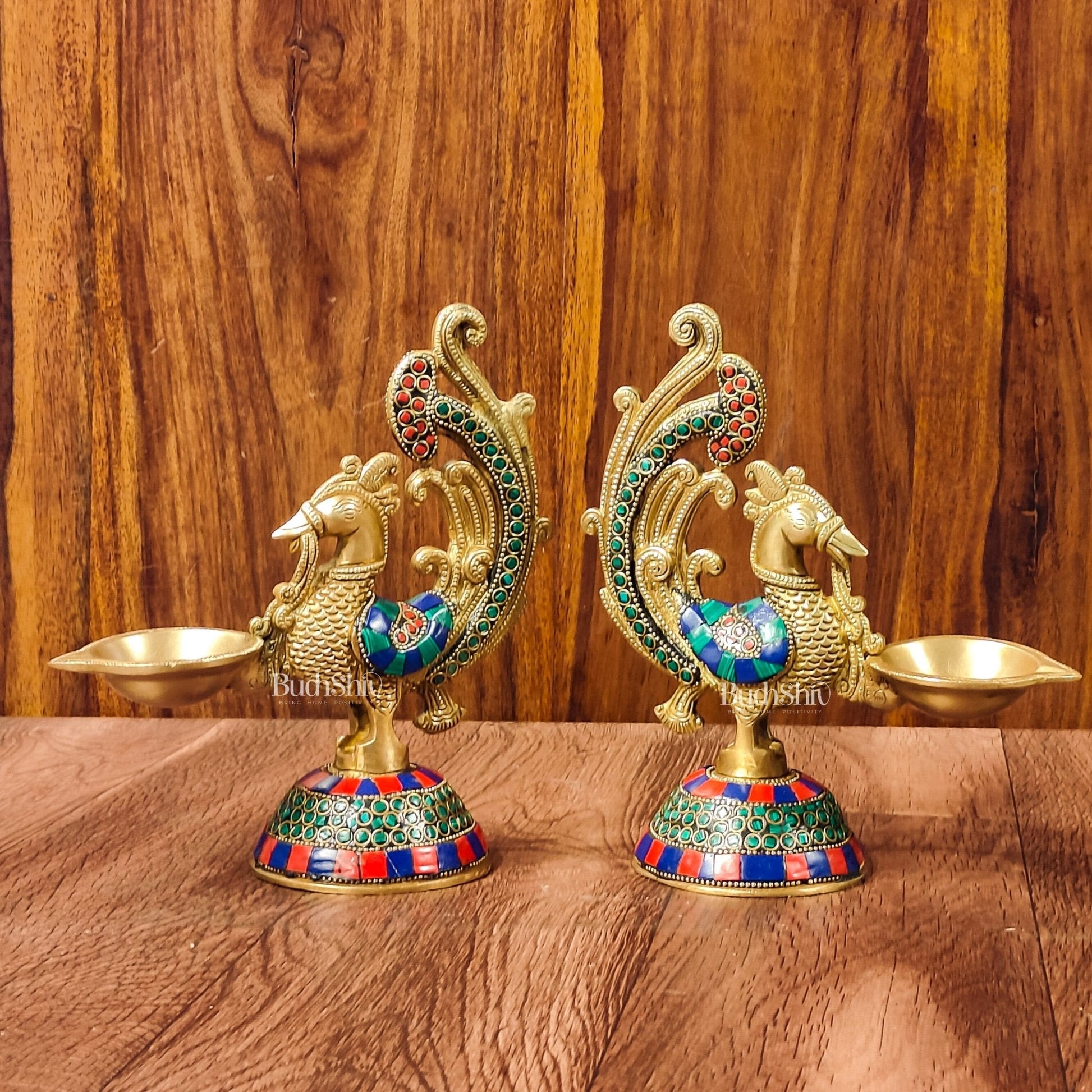 Peacock Brass Oil Lamps | 8 inches  Meenakari Stonework 8"