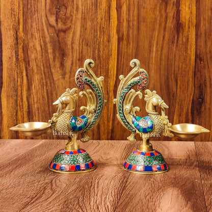 Peacock Brass Oil Lamps | 8 inches  Meenakari Stonework 8"