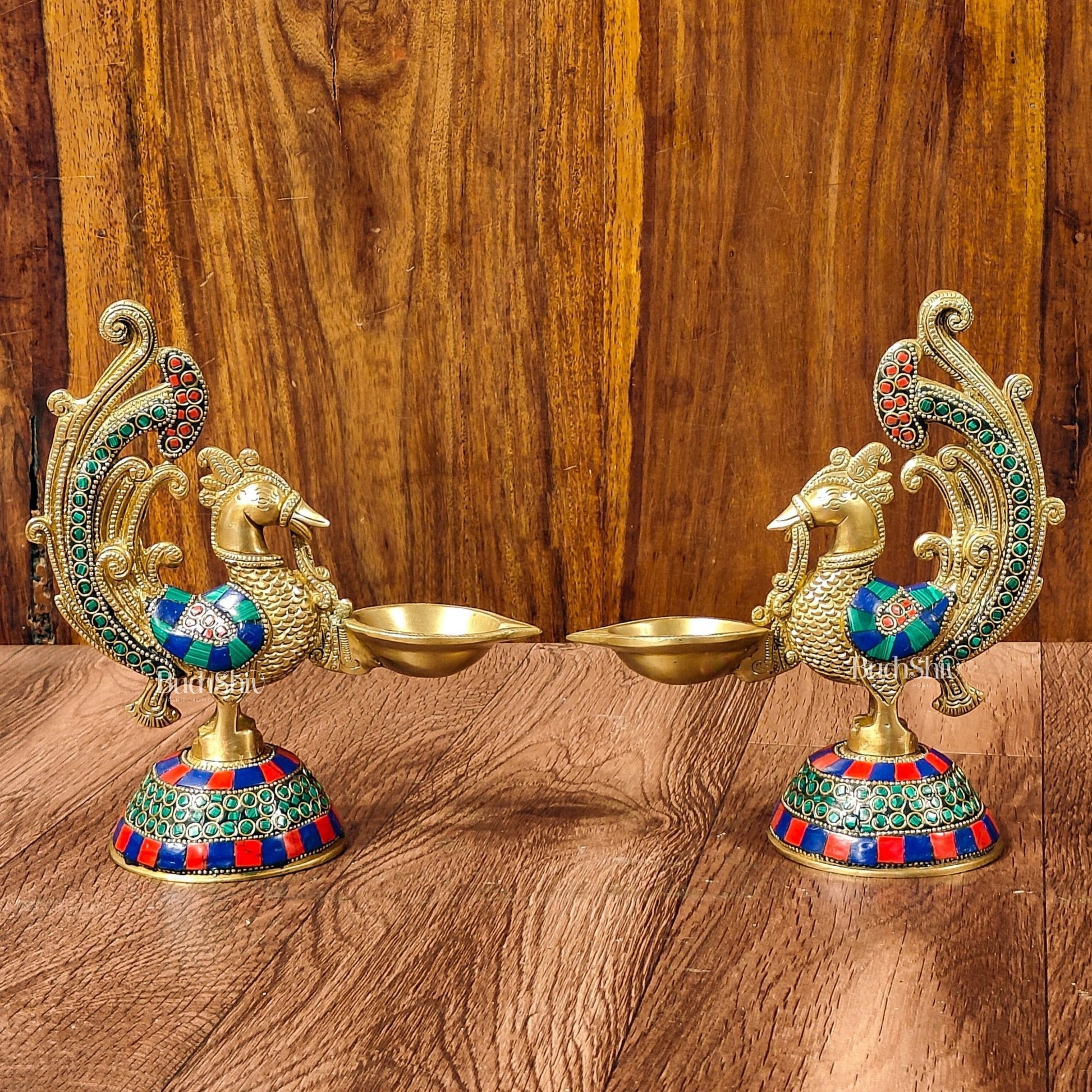 Peacock Brass Oil Lamps | 8 inches  Meenakari Stonework 8"