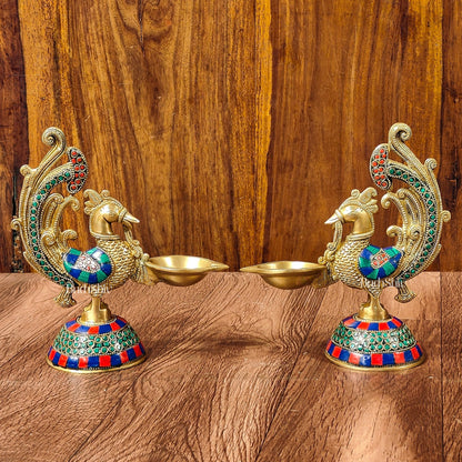 Peacock Brass Oil Lamps | 8 inches  Meenakari Stonework 8"