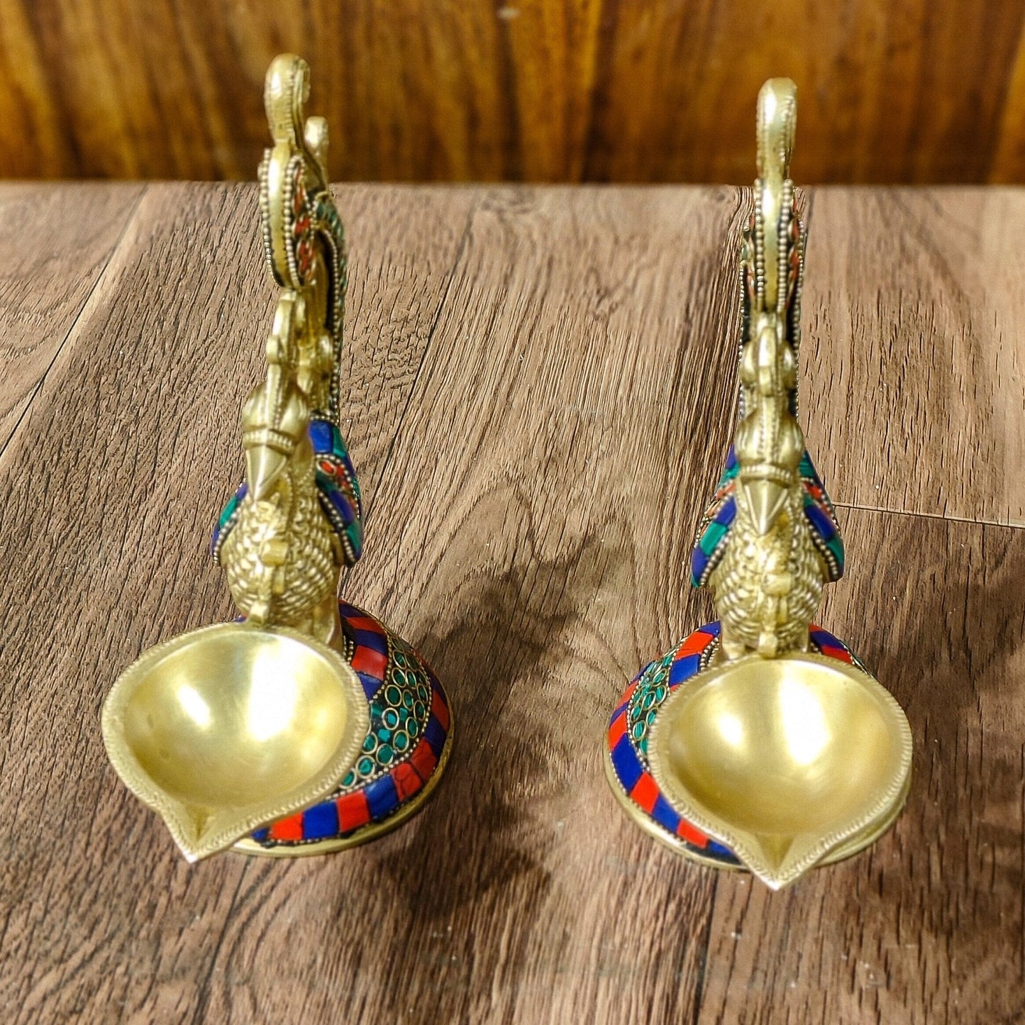 Peacock Brass Oil Lamps | 8 inches  Meenakari Stonework 8"