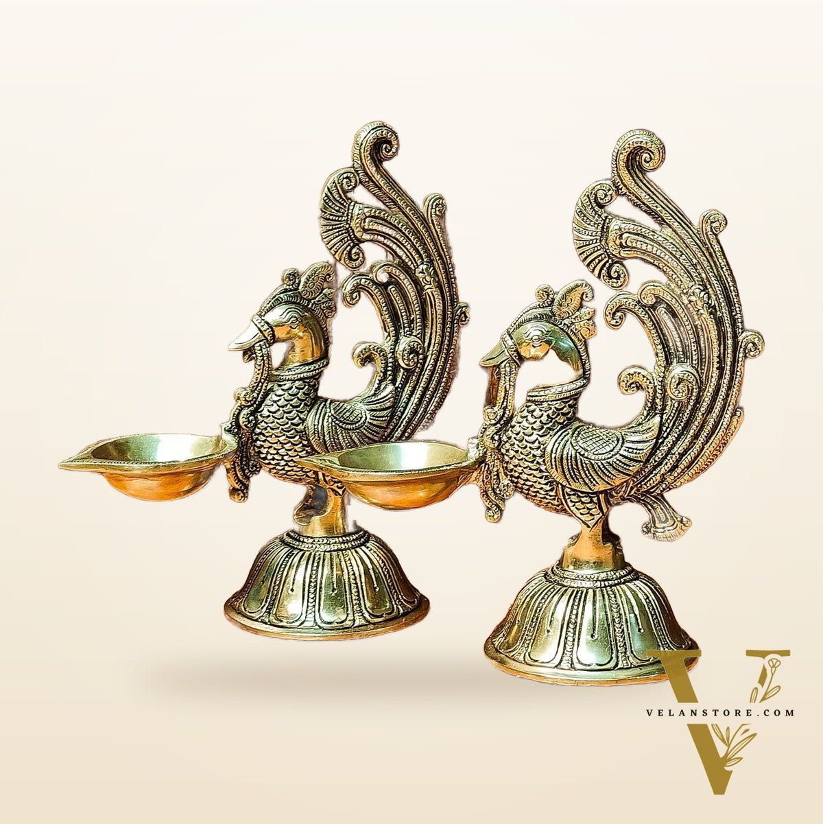 Peacock Brass Oil Lamps | Open Feather Design | Height 8 inches