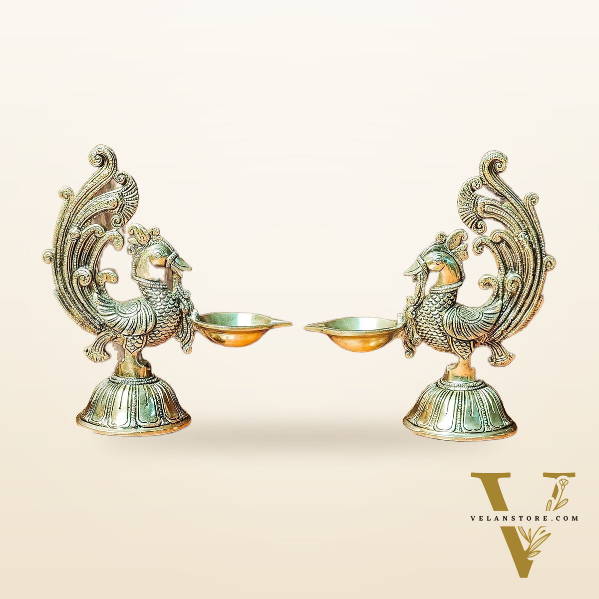 Peacock Brass Oil Lamps | Open Feather Design | Height 8 inches