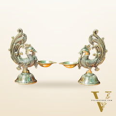 Peacock Brass Oil Lamps | Open Feather Design | Height 8 inches