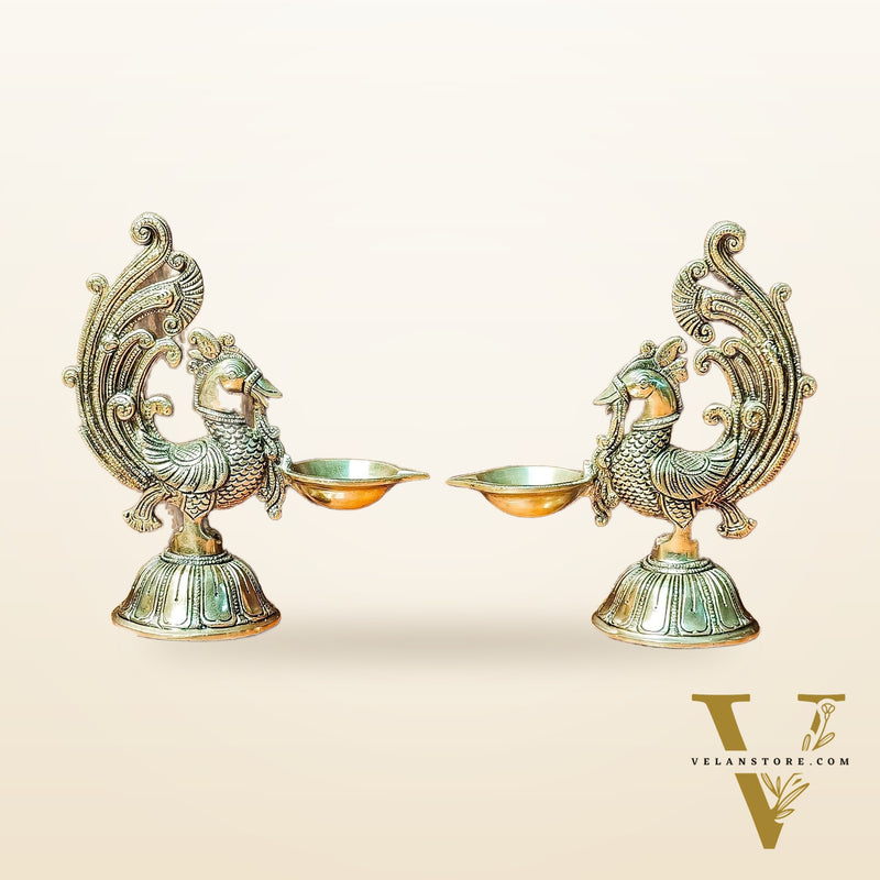 Peacock Brass Oil Lamps | Open Feather Design | Height 8 inches