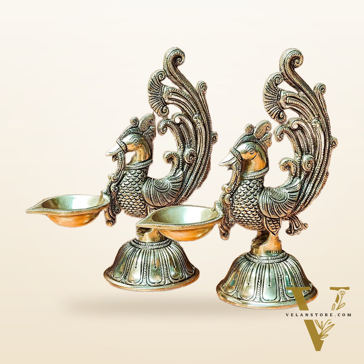 Peacock Brass Oil Lamps | Open Feather Design | Height 8 inches