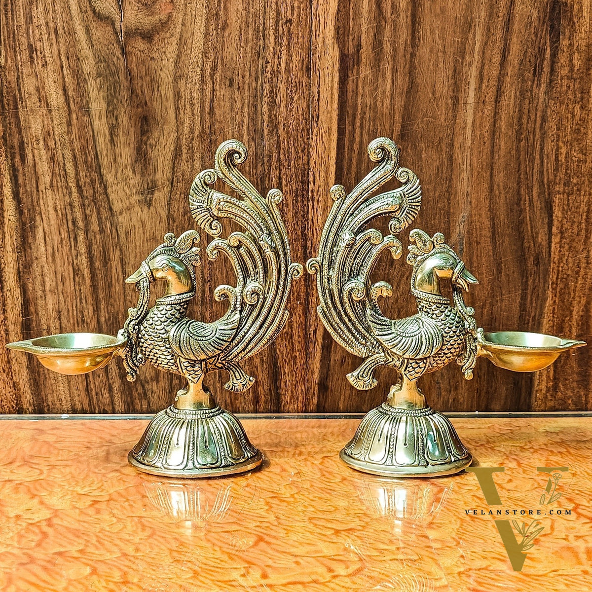 Peacock Brass Oil Lamps | Open Feather Design | Height 8 inches