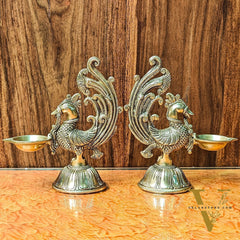 Peacock Brass Oil Lamps | Open Feather Design | Height 8 inches