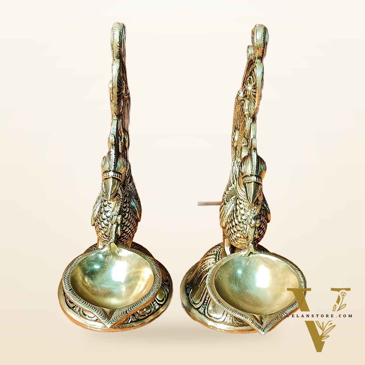 Peacock Brass Oil Lamps | Open Feather Design | Height 8 inches