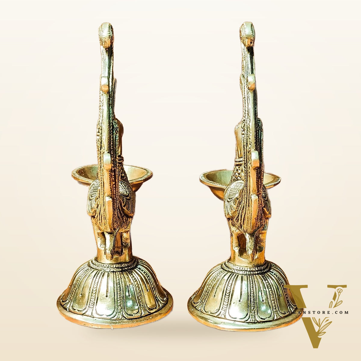 Peacock Brass Oil Lamps | Open Feather Design | Height 8 inches
