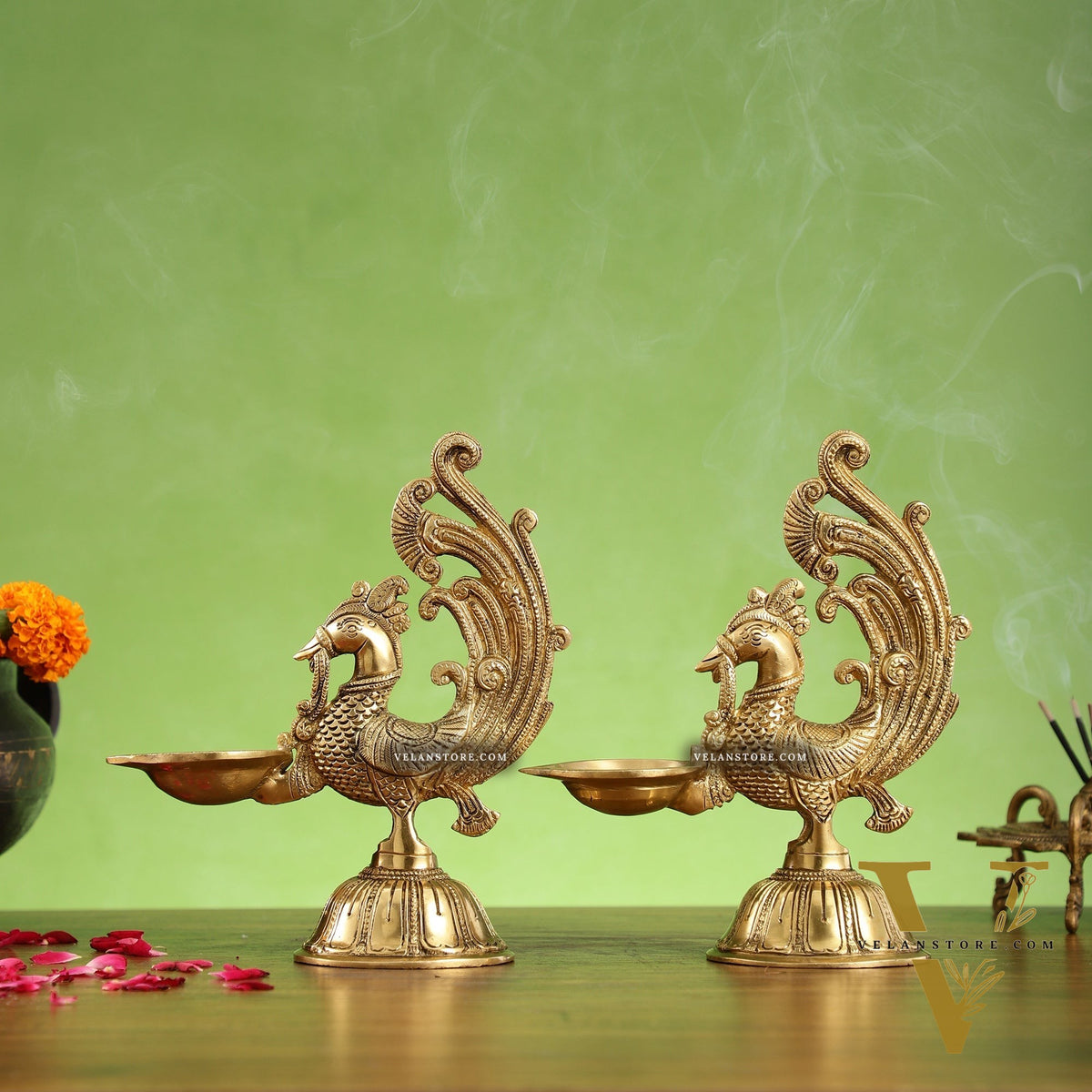 Peacock Brass Oil Lamps | Open Feather Design | Height 8 inches
