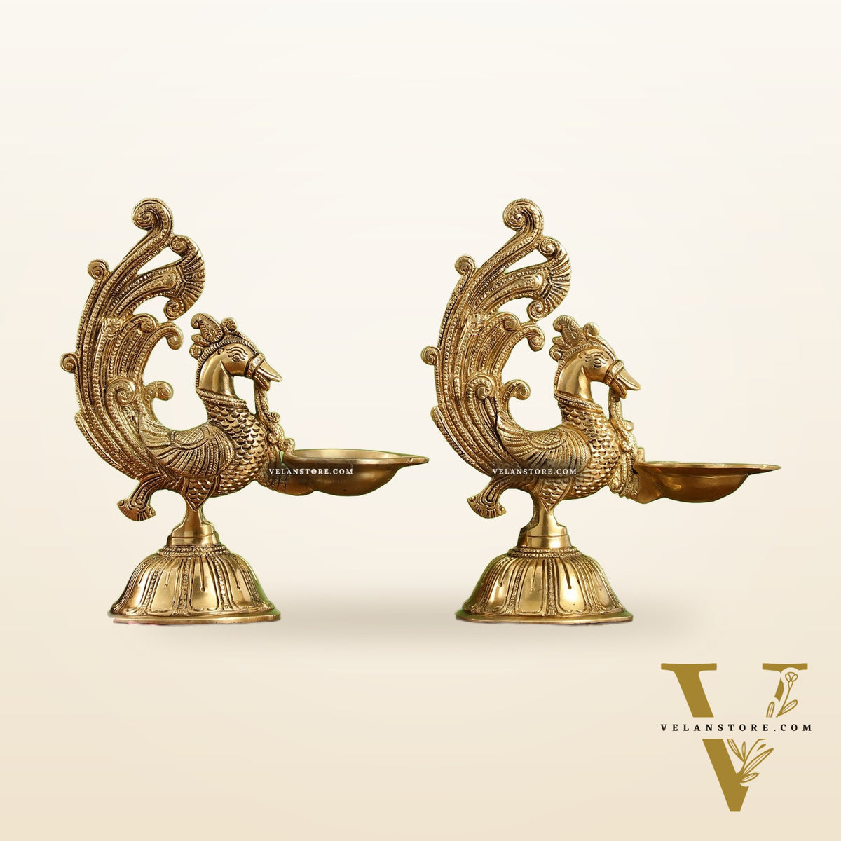 Peacock Brass Oil Lamps | Open Feather Design | Height 8 inches