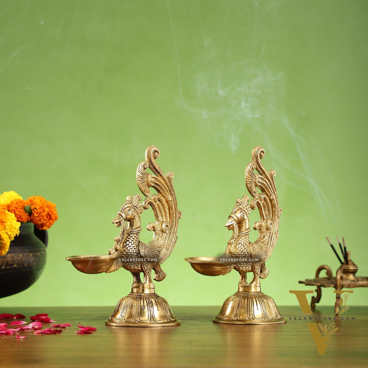 Peacock Brass Oil Lamps | Open Feather Design | Height 8 inches