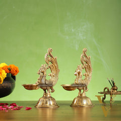 Peacock Brass Oil Lamps | Open Feather Design | Height 8 inches