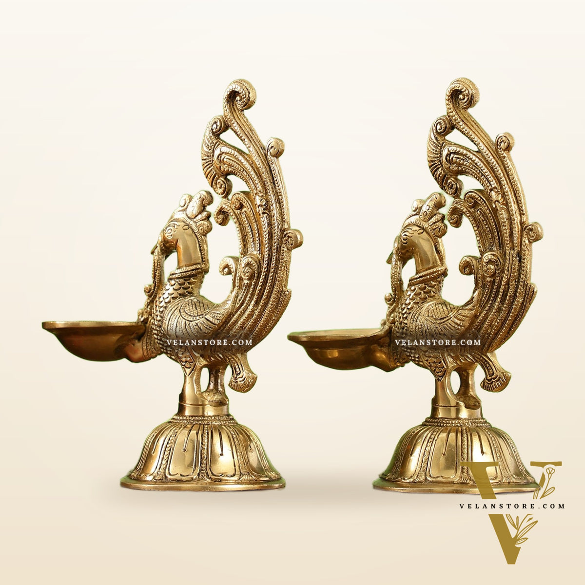 Peacock Brass Oil Lamps | Open Feather Design | Height 8 inches
