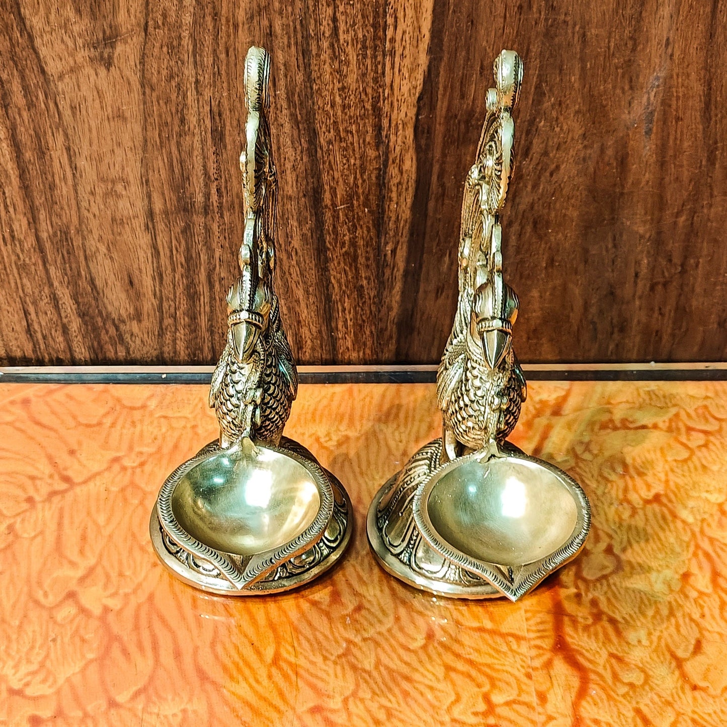 Peacock Brass Oil Lamps | Open Feather Design | Height 8 inches