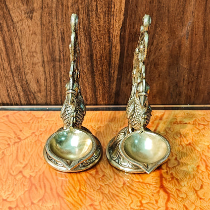Peacock Brass Oil Lamps | Open Feather Design | Height 8 inches