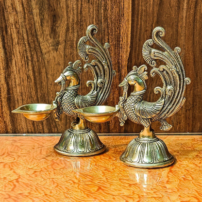 Peacock Brass Oil Lamps | Open Feather Design | Height 8 inches