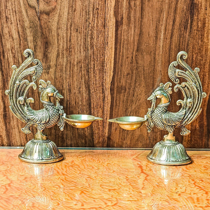 Peacock Brass Oil Lamps | Open Feather Design | Height 8 inches