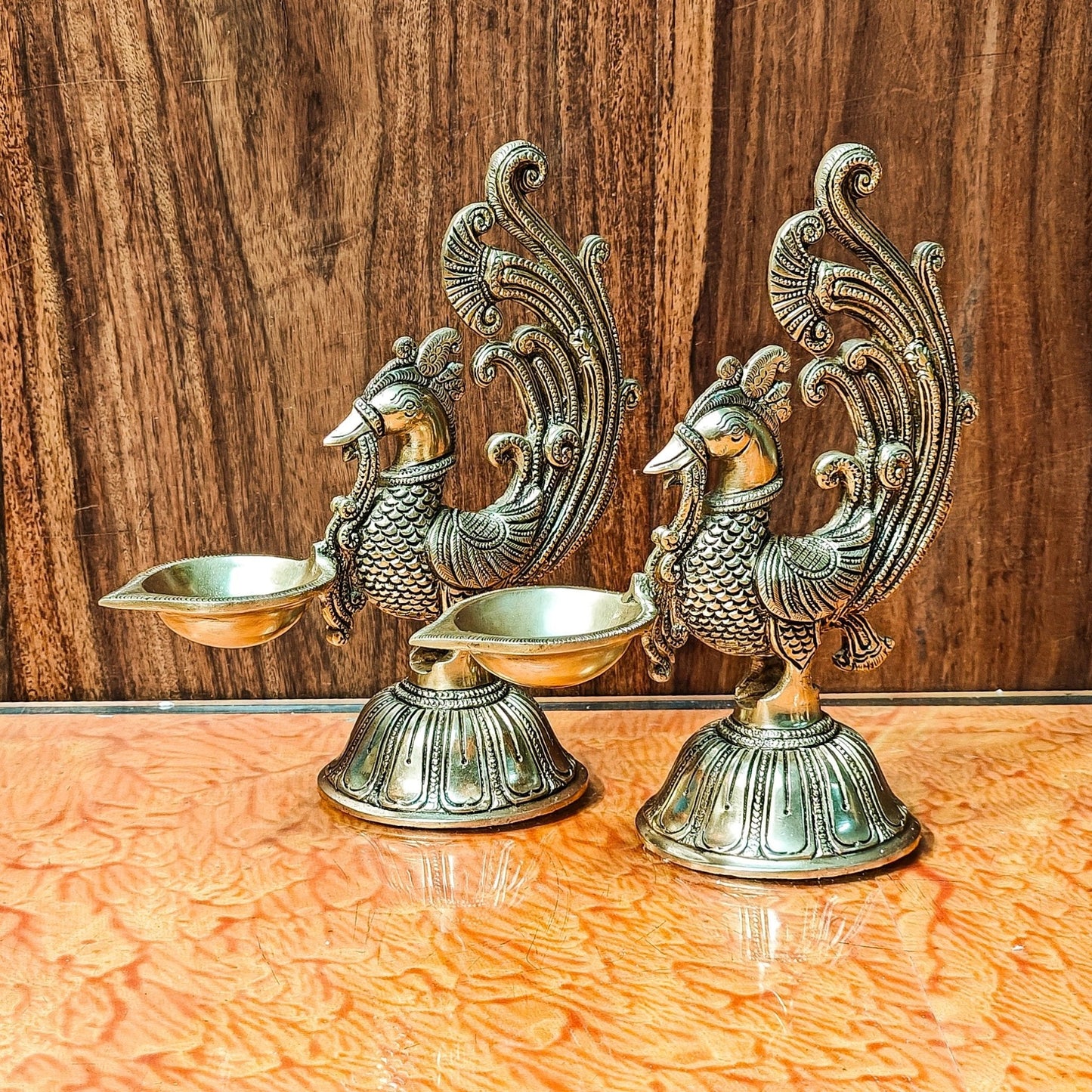Peacock Brass Oil Lamps | Open Feather Design | Height 8 inches