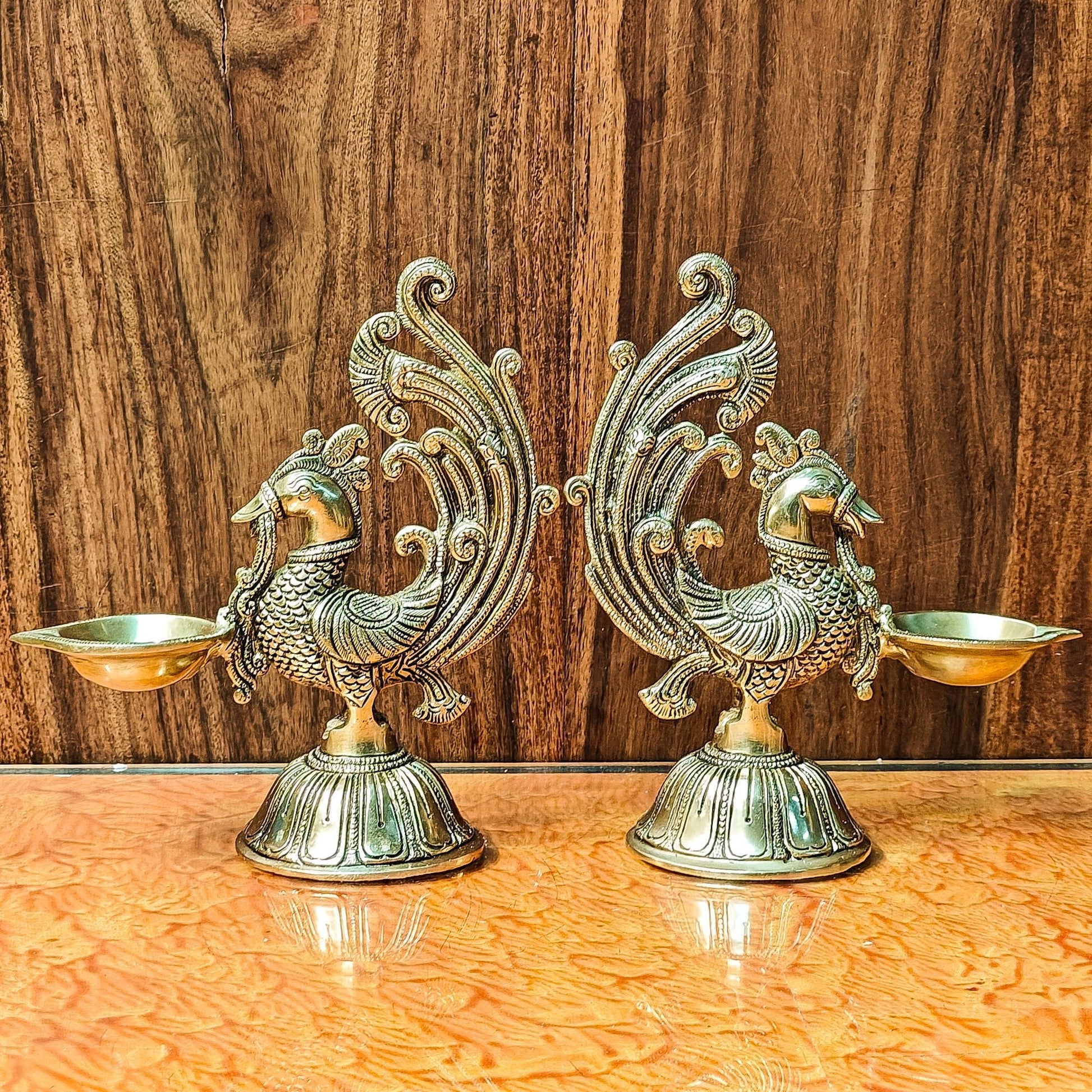 Peacock Brass Oil Lamps | Open Feather Design | Height 8 inches