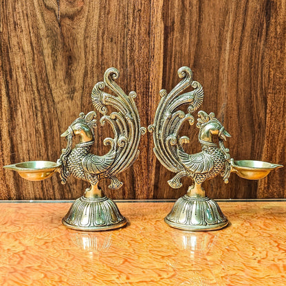 Peacock Brass Oil Lamps | Open Feather Design | Height 8 inches