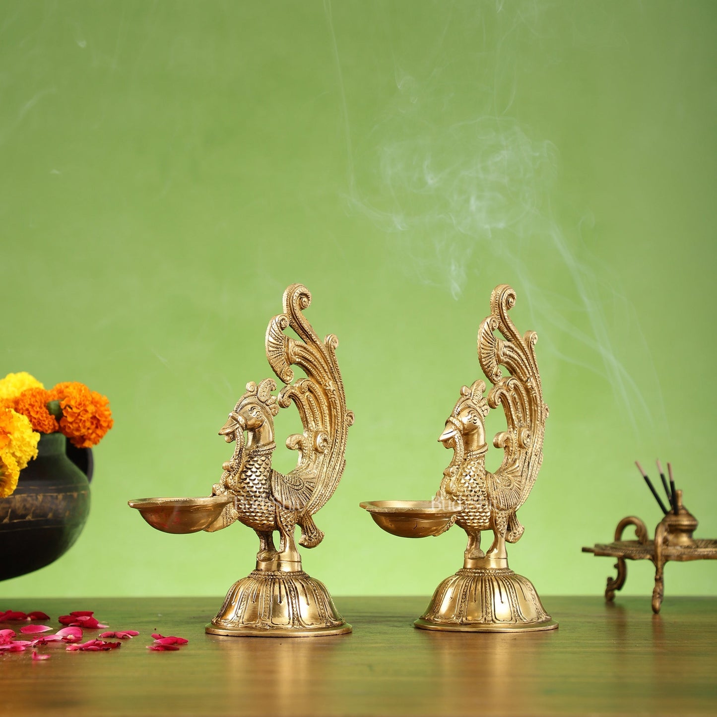 Peacock Brass Oil Lamps | Open Feather Design | Height 8 inches