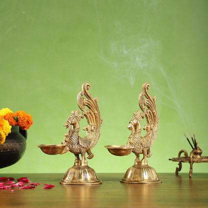 Peacock Brass Oil Lamps | Open Feather Design | Height 8 inches