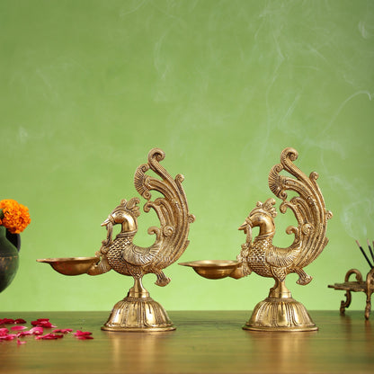 Peacock Brass Oil Lamps | Open Feather Design | Height 8 inches