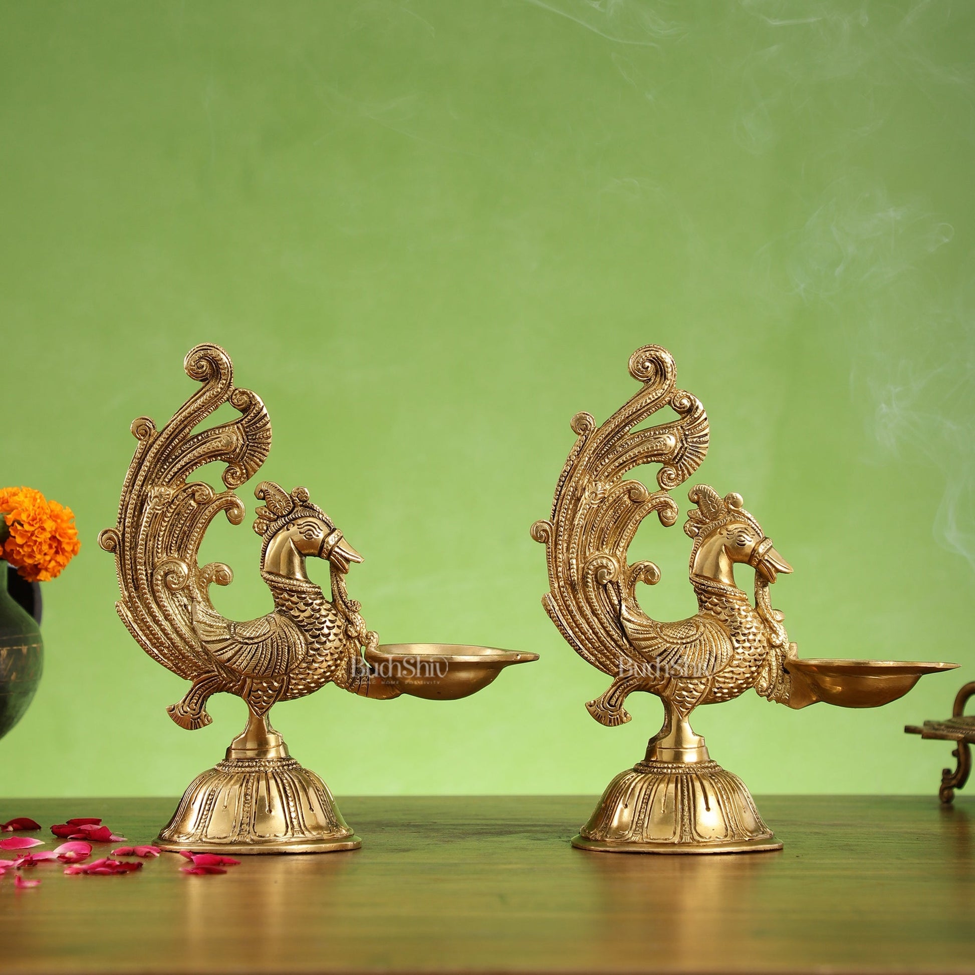 Peacock Brass Oil Lamps | Open Feather Design | Height 8 inches