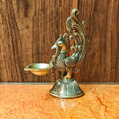 Peacock Brass Oil Lamps | Open Feather Design | Height 8 inches