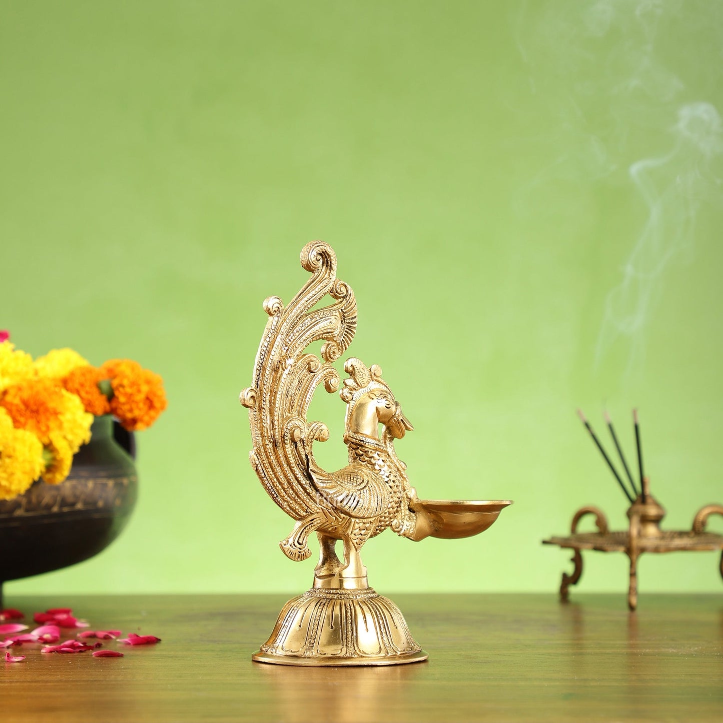Peacock Brass Oil Lamps | Open Feather Design | Height 8 inches