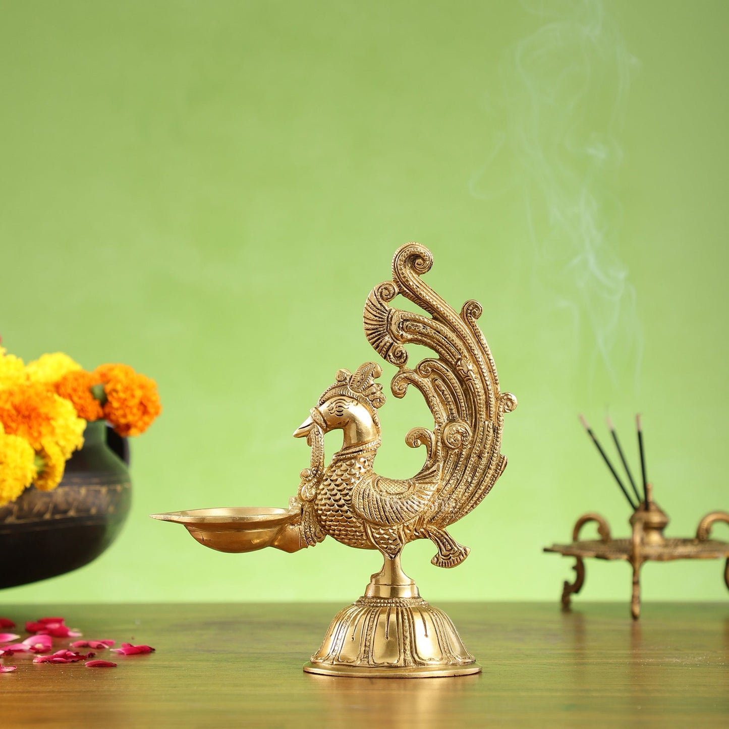 Peacock Brass Oil Lamps | Open Feather Design | Height 8 inches